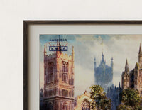 Close-up of the Westminster Abbey and St Margaret's Church print's dark wood frame corner and archival matte paper