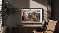 Westminster Abbey and St Margaret's Church print in a wood frame above a fluted sideboard beside an olive tree