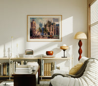 Westminster Abbey and St Margaret's Church print in an oak frame above a mid-century book console with a vintage radio