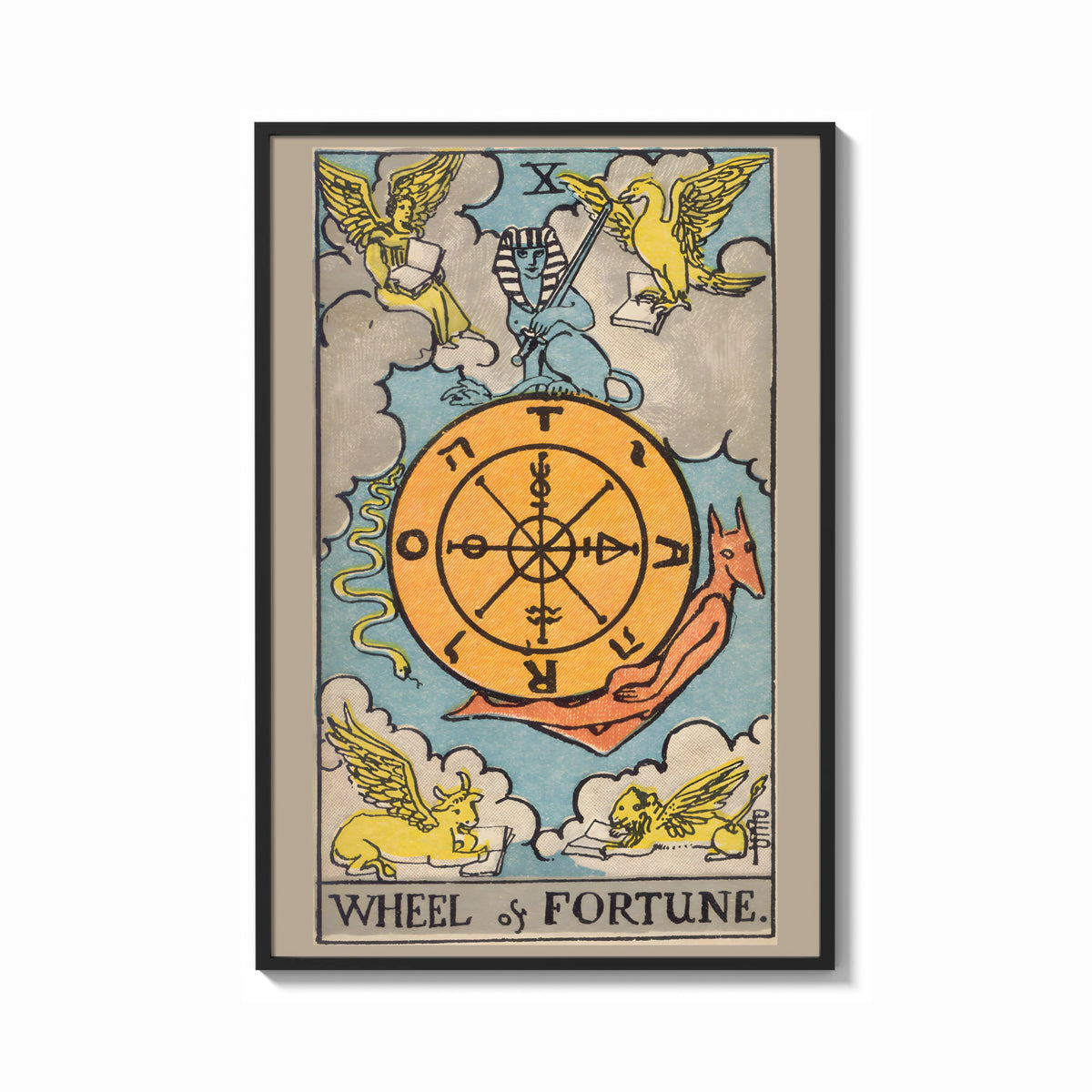 Framed Wheel of Fortune print shown as a bold statement piece on a clean gallery wall