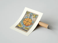 Rolled Wheel of Fortune tarot card poster beside its crush-resistant kraft shipping tube