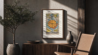 Wheel of Fortune tarot card poster framed above a fluted sideboard beside an olive tree