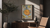 Wheel of Fortune poster framed above a fluted sideboard beside a potted tree