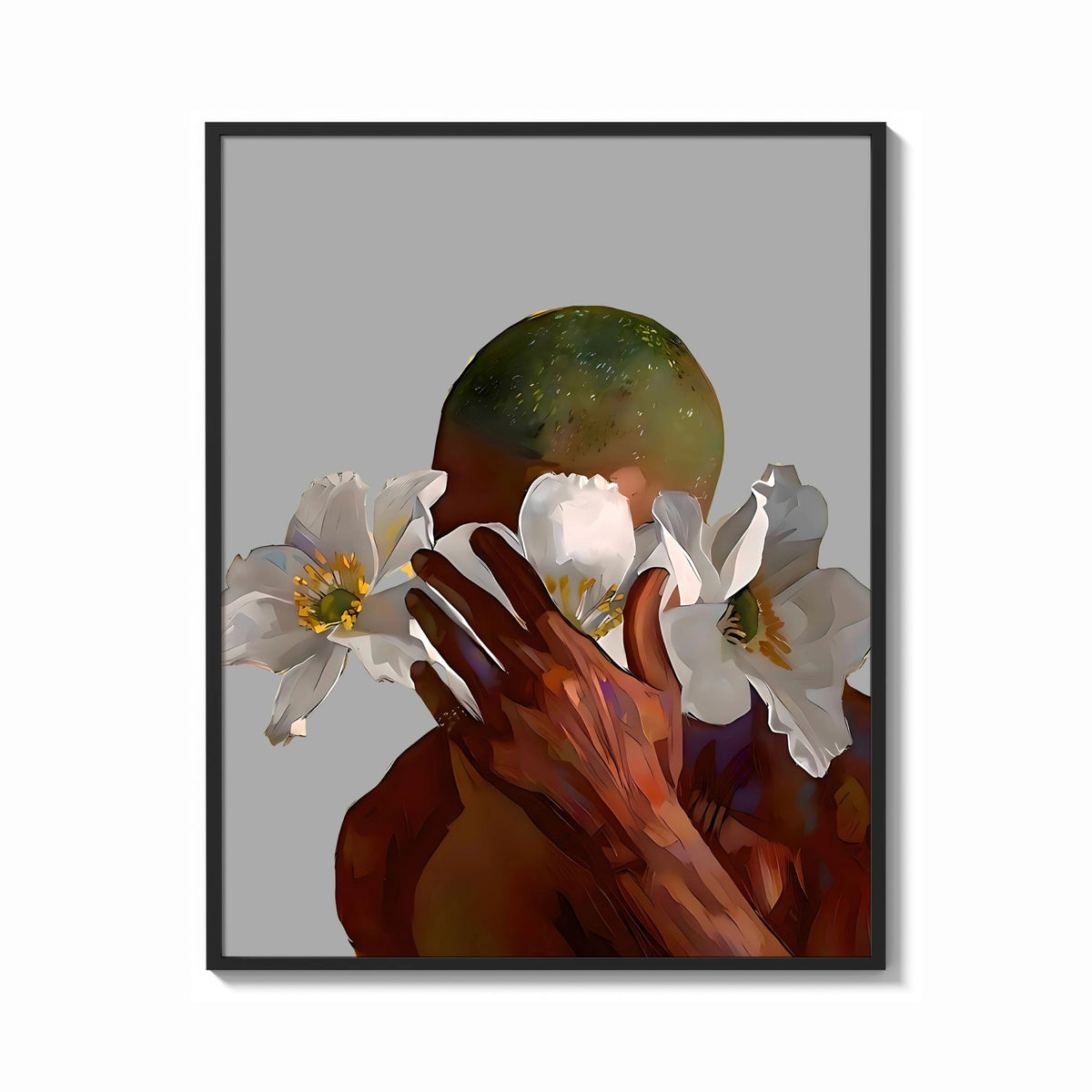 Framed White Flowers Over the Face print shown as a bold statement piece on a clean gallery wall