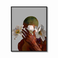 Framed White Flowers Over the Face print shown as a bold statement piece on a clean gallery wall