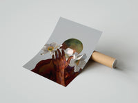 Gently curled White Flowers Over the Face print beside its protective shipping tube