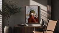 White Flowers Over the Face poster framed above a fluted sideboard beside a potted tree
