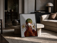 White Flowers Over the Face print on the floor, leaning against a travertine table