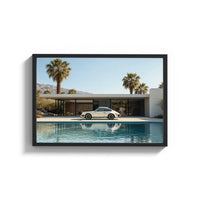 Framed White 911 Desert Modern Pool House print shown as a wide statement piece on a clean white wall