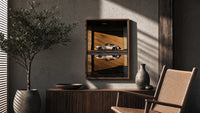 White 911 Hangar Sunset Reflection poster framed above a fluted sideboard beside a potted tree