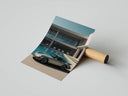 White Porsche 911 reflected in a pool with palm tree poster resting on a shipping tube