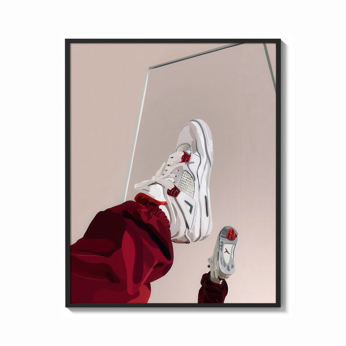 Framed White Sneakers with Burgundy Trousers print shown as a bold statement piece on a clean gallery wall