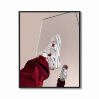 Framed White Sneakers with Burgundy Trousers print shown as a bold statement piece on a clean gallery wall