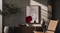 White Sneakers with Burgundy Trousers poster framed above a fluted sideboard beside a potted tree