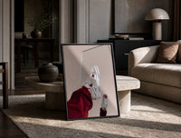 White Sneakers with Burgundy Trousers print on the floor, leaning against a travertine table