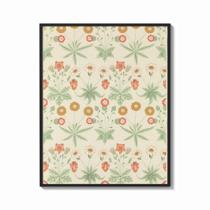 Framed Vintage floral pattern with daisies print shown as a bold statement piece on a clean gallery wall