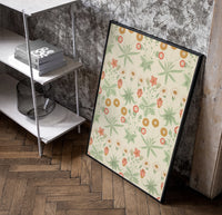 Vintage floral pattern with daisies poster in a black frame leaning beside a shelf in a raw-plaster loft
