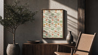 Vintage floral pattern with daisies poster framed above a fluted sideboard beside an olive tree