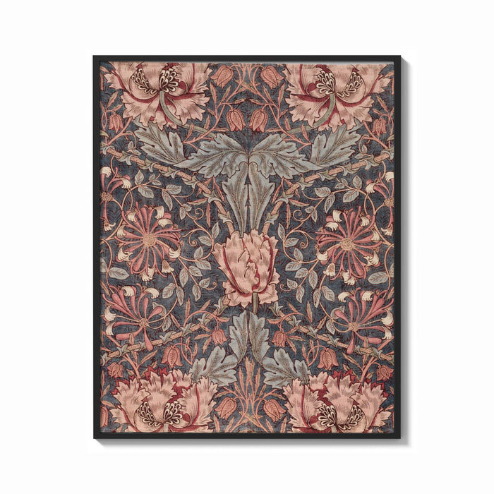 Framed Ornate floral honeysuckle pattern print shown as a bold statement piece on a clean gallery wall