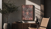 Ornate floral honeysuckle pattern poster framed above a fluted sideboard beside an olive tree