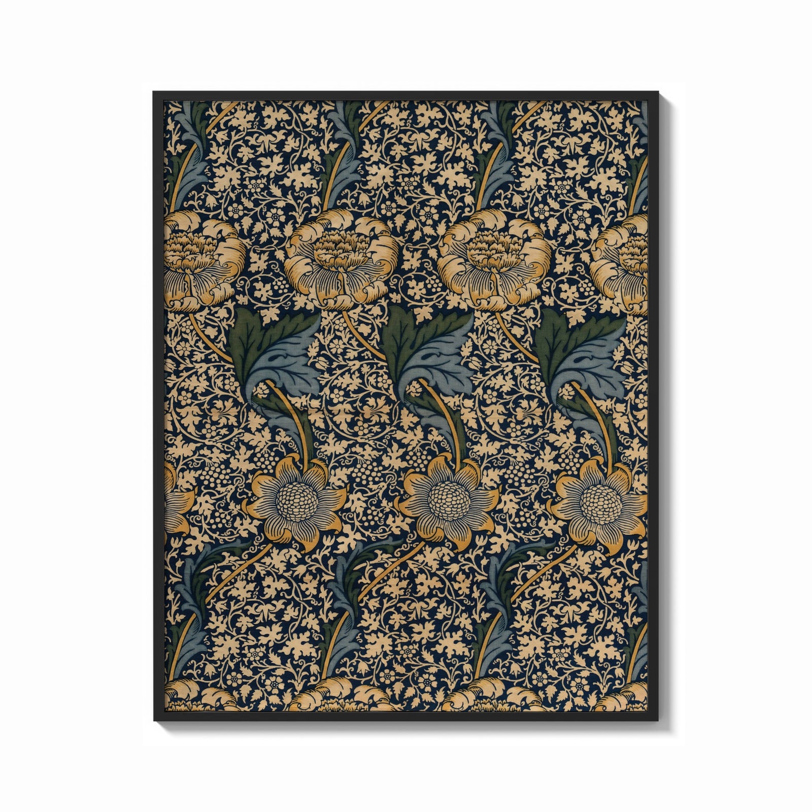 Framed Ornate floral vine pattern print shown as a bold statement piece on a clean gallery wall
