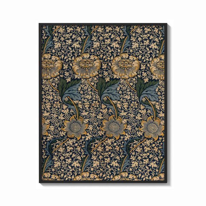 Framed Ornate floral vine pattern print shown as a bold statement piece on a clean gallery wall