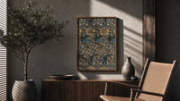 Ornate floral vine pattern poster framed above a fluted sideboard beside an olive tree