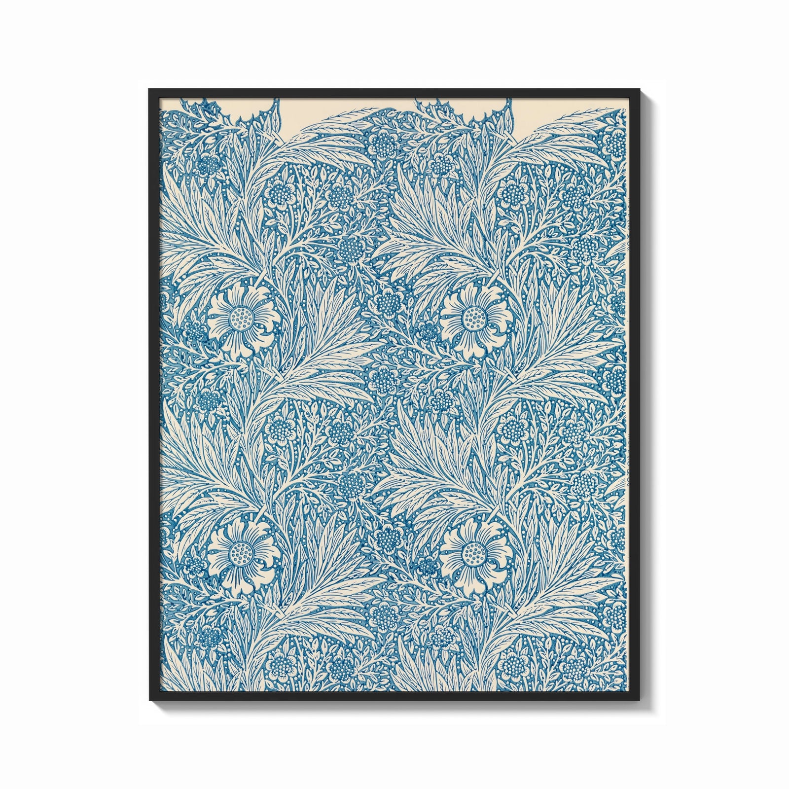 Framed Floral marigold pattern with leaves print shown as a bold statement piece on a clean gallery wall
