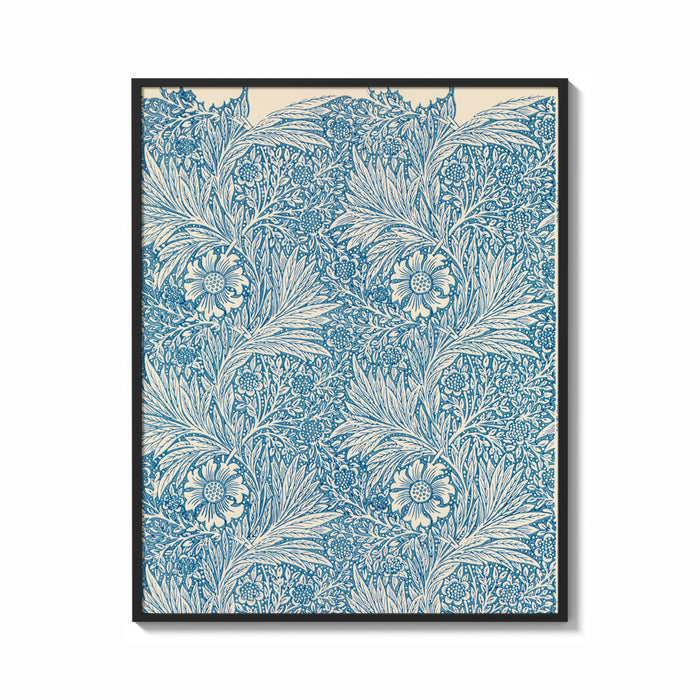 Framed Floral marigold pattern with leaves print shown as a bold statement piece on a clean gallery wall