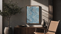 Floral marigold pattern with leaves poster framed above a fluted sideboard beside an olive tree