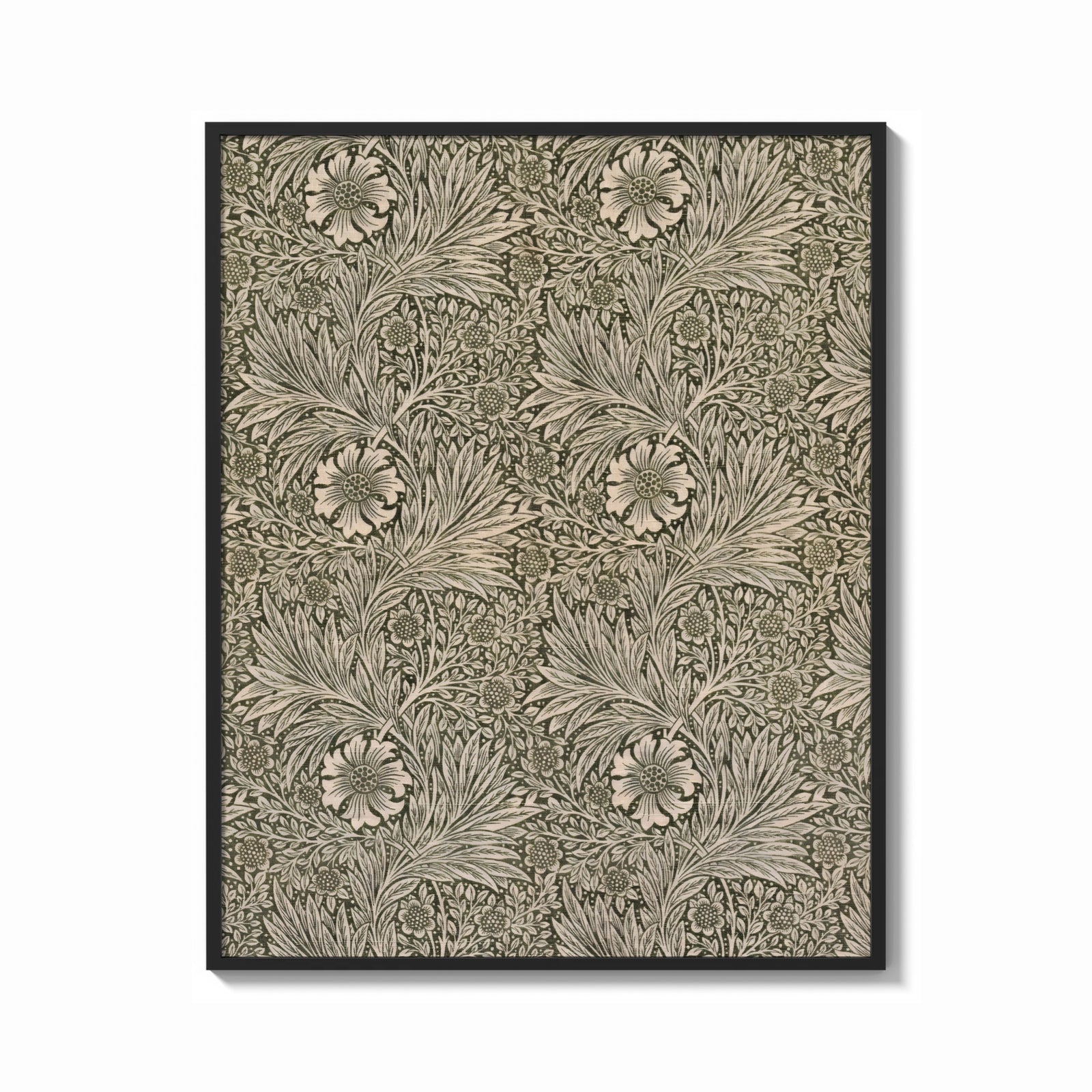 Framed Floral marigold vine pattern print shown as a bold statement piece on a clean gallery wall