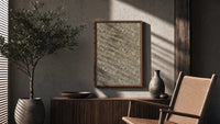 Floral marigold vine pattern poster framed above a fluted sideboard beside an olive tree