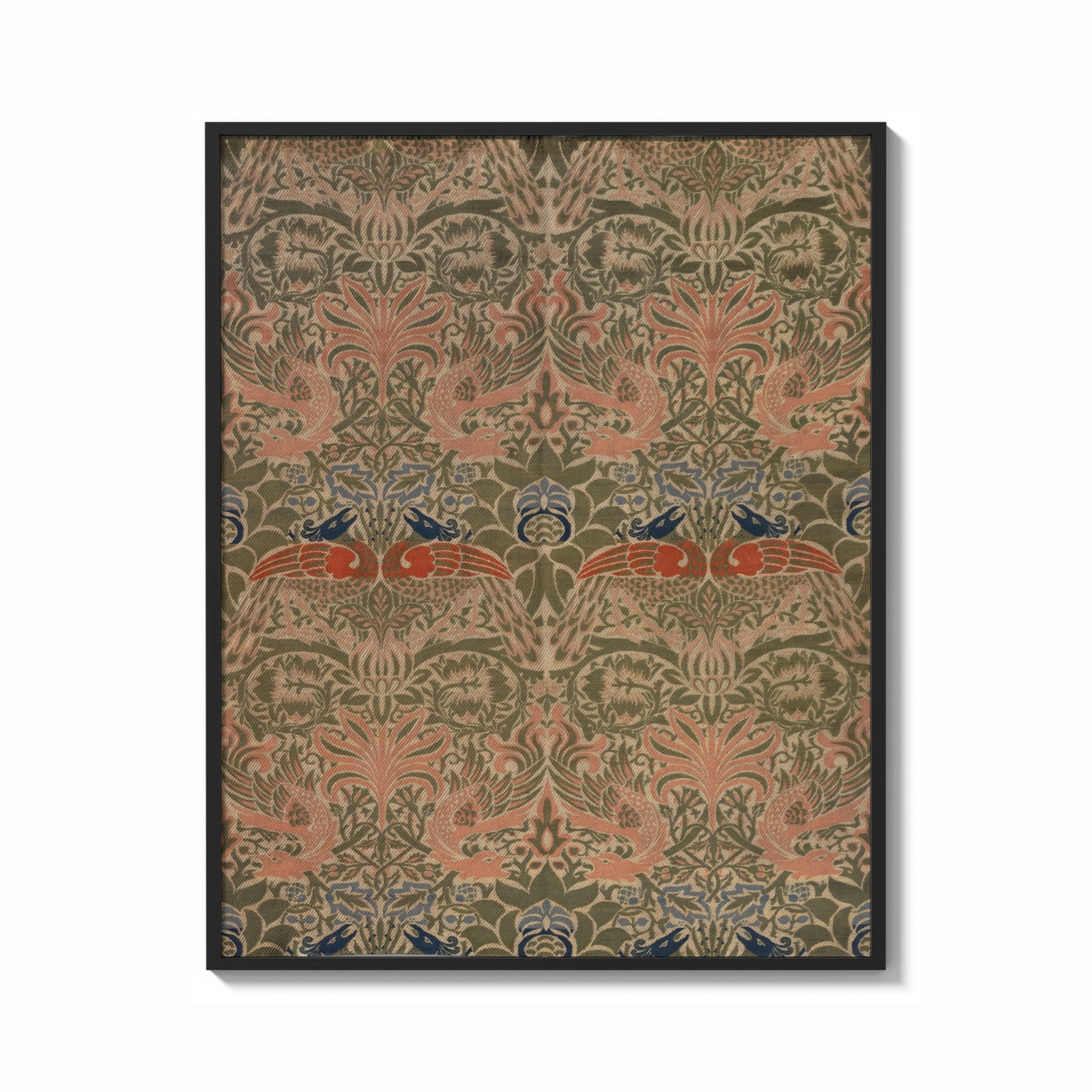 Framed Floral bird damask textile pattern print shown as a bold statement piece on a clean gallery wall