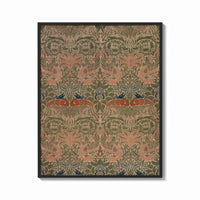 Framed Floral bird damask textile pattern print shown as a bold statement piece on a clean gallery wall