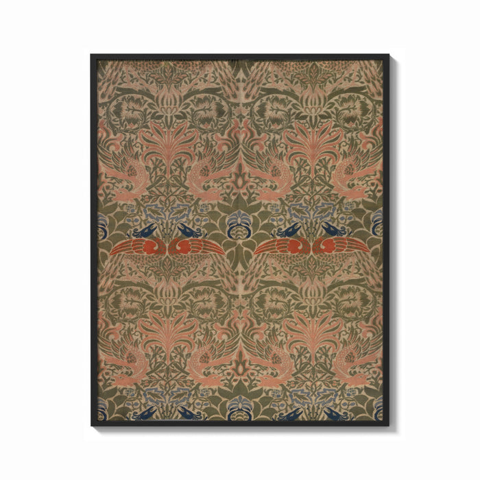 Framed Floral bird damask textile pattern print shown as a bold statement piece on a clean gallery wall