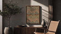 Floral bird damask textile pattern poster framed above a fluted sideboard beside an olive tree