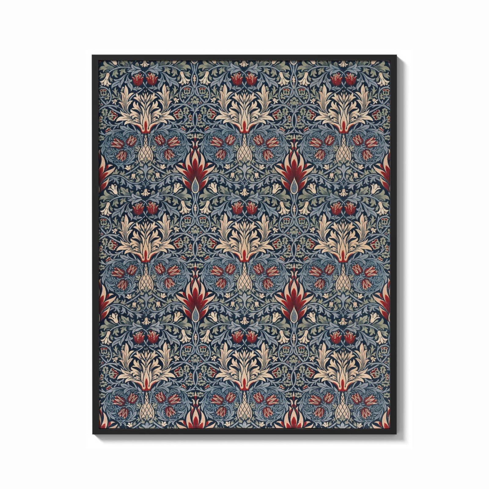 Framed Victorian floral damask pattern print shown as a bold statement piece on a clean gallery wall