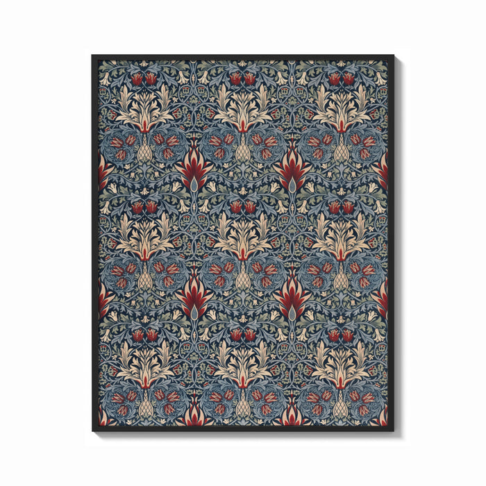 Framed Victorian floral damask pattern print shown as a bold statement piece on a clean gallery wall