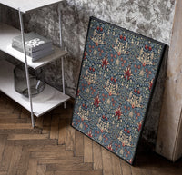 Victorian floral damask pattern poster in a black frame leaning beside a shelf in a raw-plaster loft