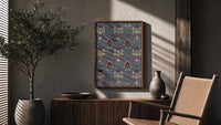 Victorian floral damask pattern poster framed above a fluted sideboard beside an olive tree