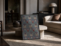Victorian floral damask pattern print in a black frame leaning on a travertine table in a sunlit lounge
