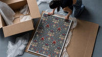 Victorian floral damask pattern framed print being unpacked from protective bubble wrap and a box