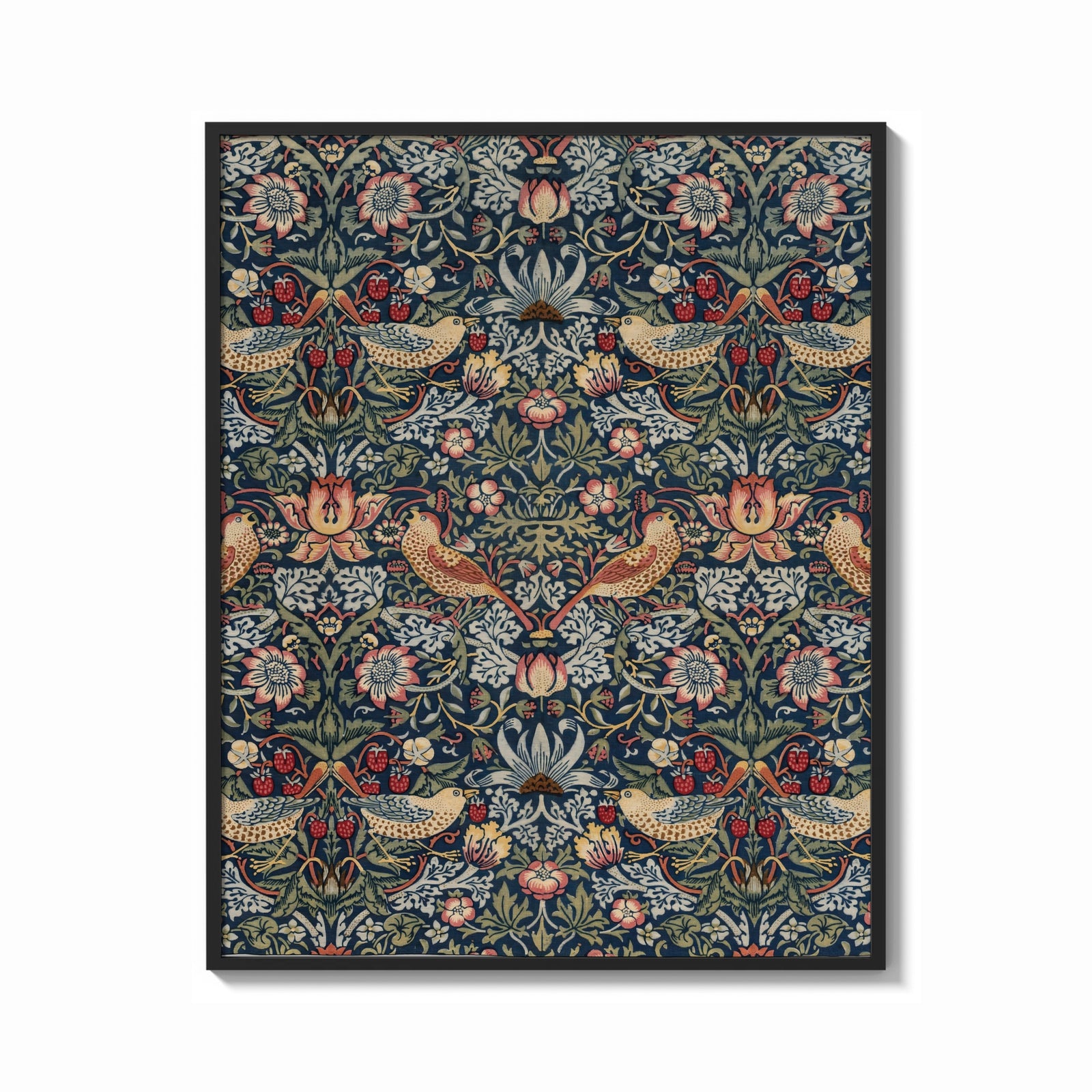Framed Birds and strawberries floral pattern print shown as a bold statement piece on a clean gallery wall