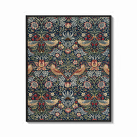 Framed Birds and strawberries floral pattern print shown as a bold statement piece on a clean gallery wall