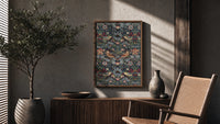 Birds and strawberries floral pattern poster framed above a fluted sideboard beside an olive tree