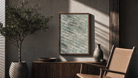 Ornate floral tulip leaf pattern poster framed above a fluted sideboard beside an olive tree