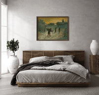 Winter Village Christmas Greetings print in a wood frame above a bed with a woven cane headboard