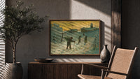 Winter Village Christmas Greetings print in a walnut frame above a fluted sideboard and cane chair