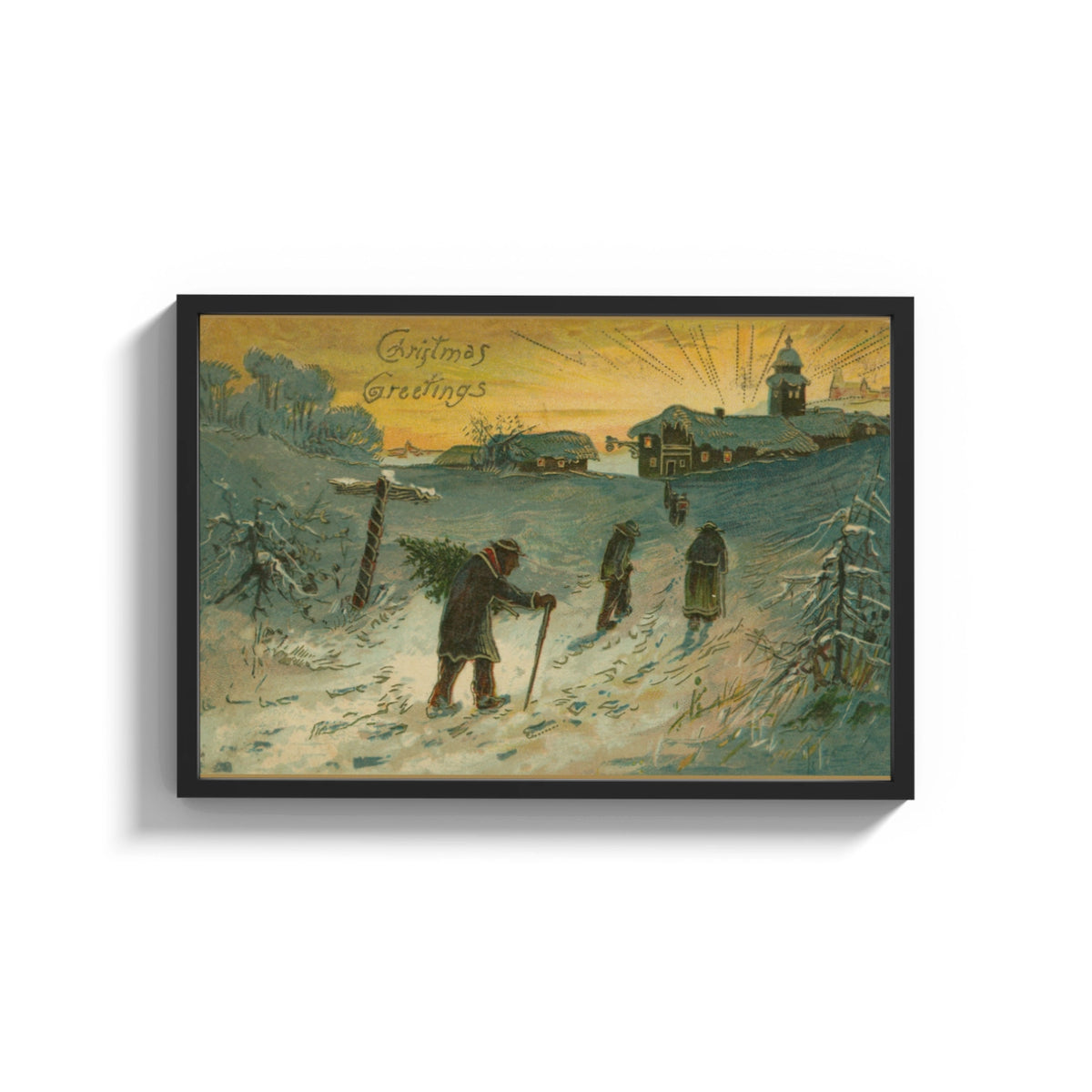 Framed Winter Village Christmas Greetings print shown as a wide statement piece on a clean white wall