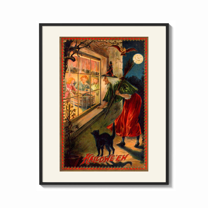 Framed Witch with broom peering through window print shown as a bold statement piece on a clean gallery wall